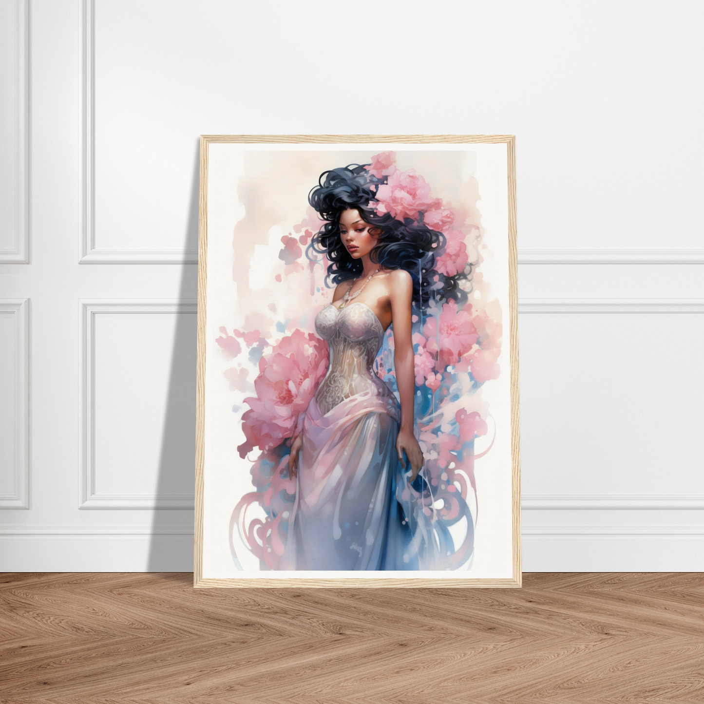 A framed print of a woman in a blue dress with pink flowers