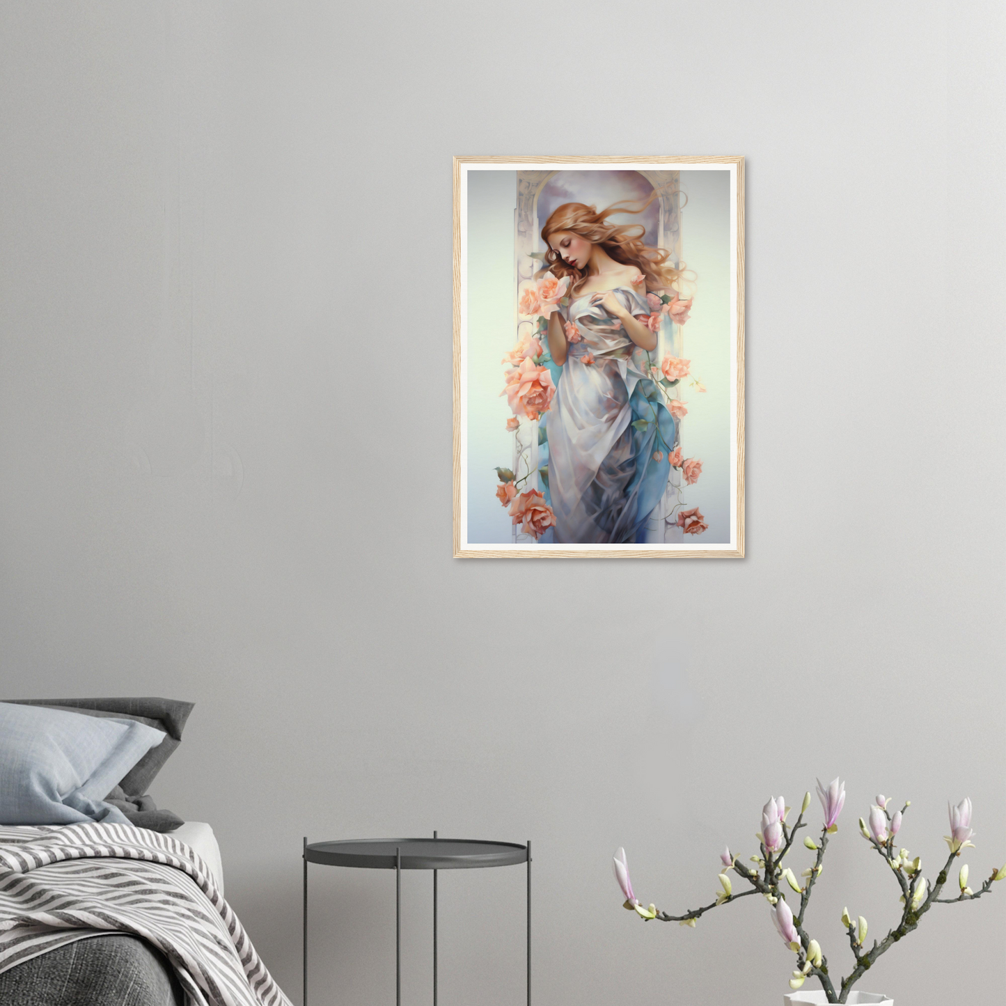 A framed print of a woman in a blue dress and hat