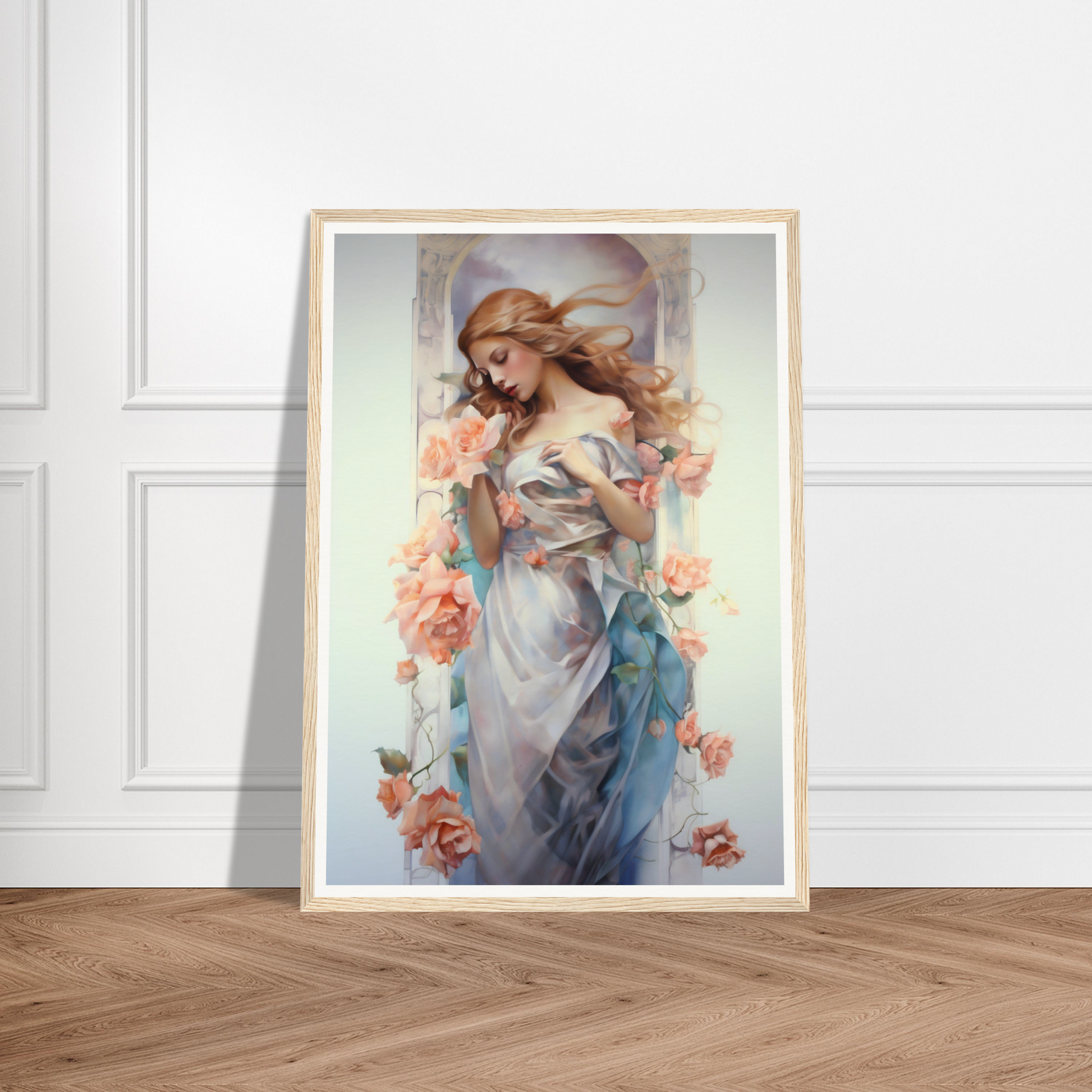 A framed print of a woman in a blue dress with flowers