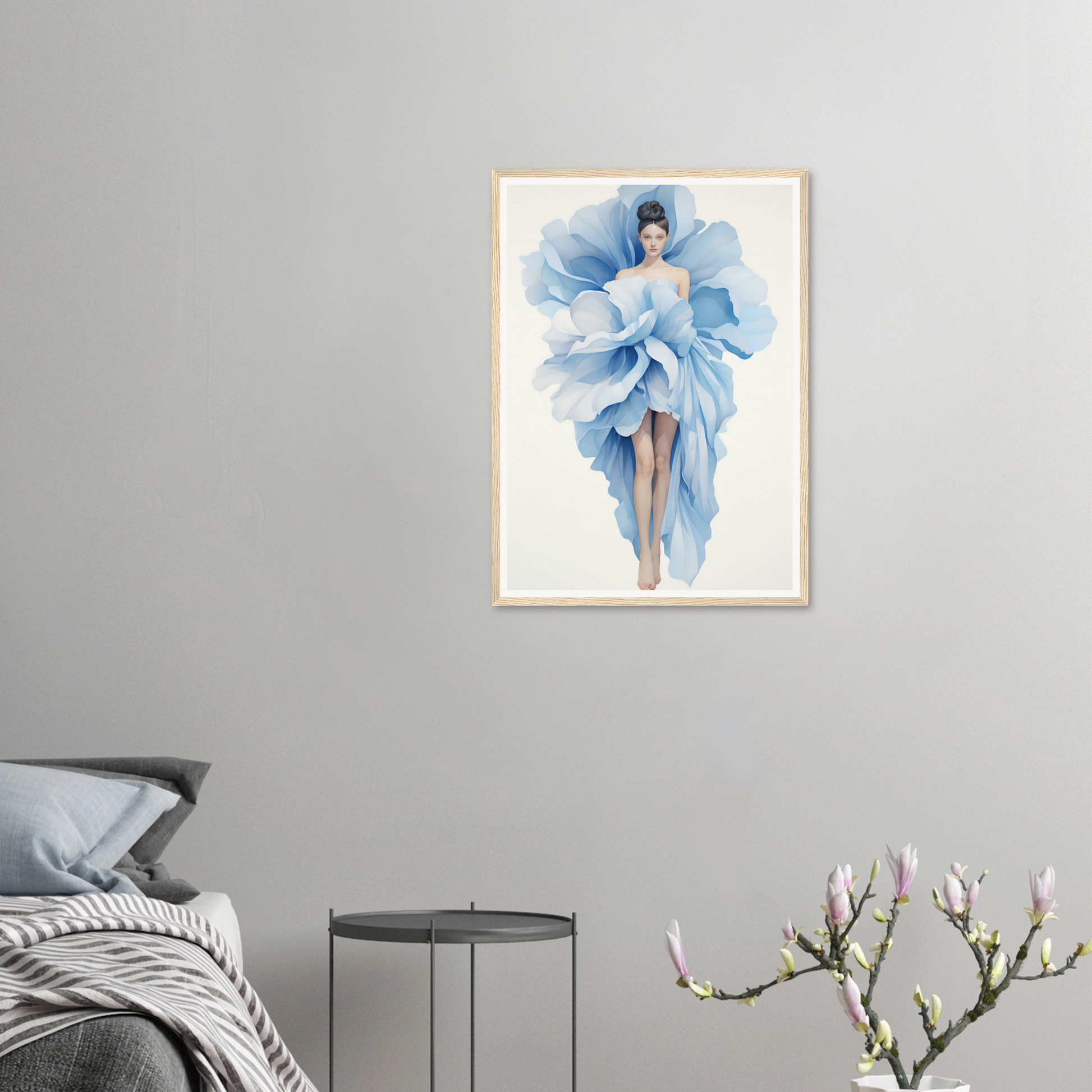 A framed print of a woman in a blue dress