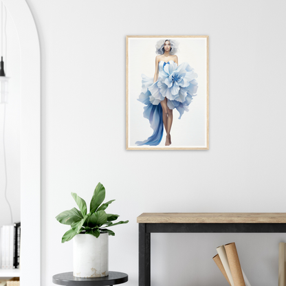 A framed print of a woman in a blue dress