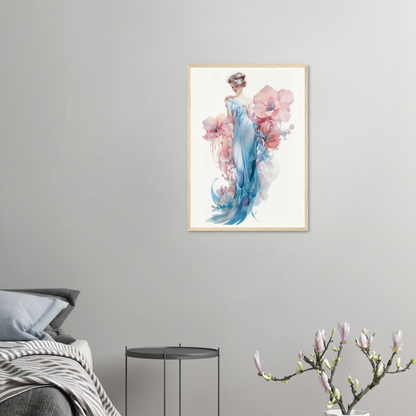 A framed print of a woman in a blue dress with flowers