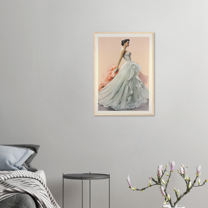 A framed print of a woman in a blue dress