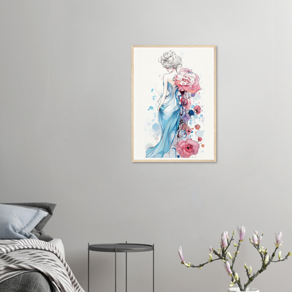 A framed print of a woman in a blue dress with flowers