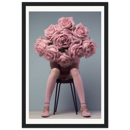 A framed print of a woman sitting on a chair with pink roses