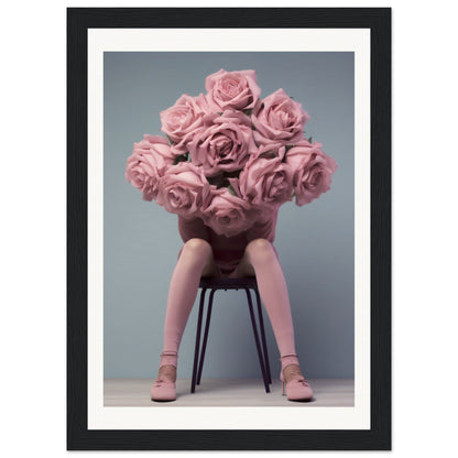 A framed print of a woman sitting on a chair with pink roses