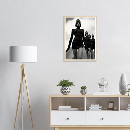 A framed print of a woman and her child walking together