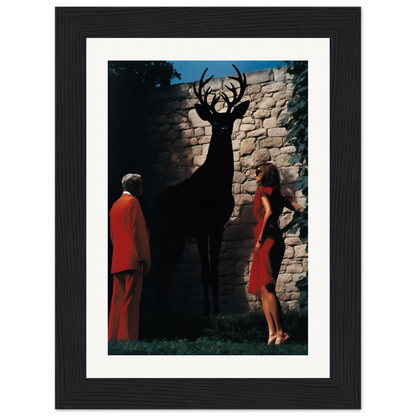 A framed print of a woman and a deer