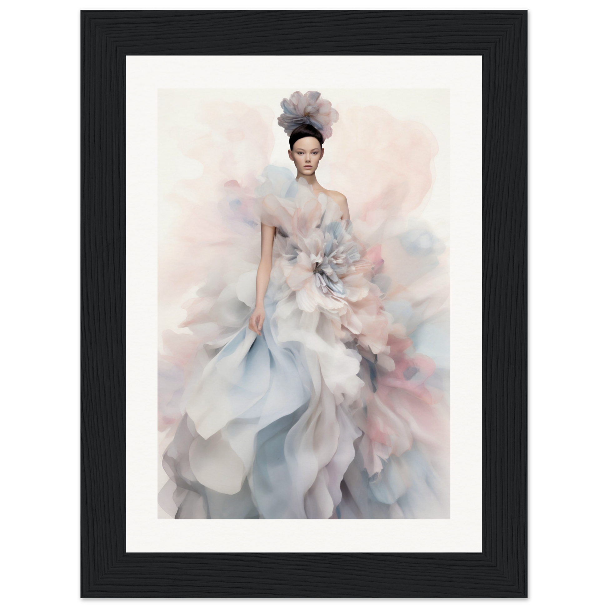 A framed print of a woman in a dress with a large flower on the back