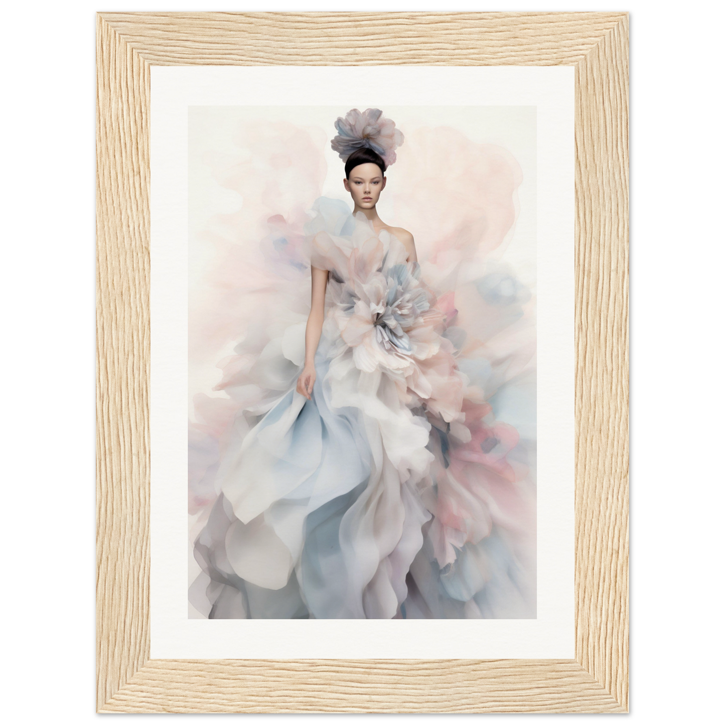 A framed print of a woman in a dress with a flower on it