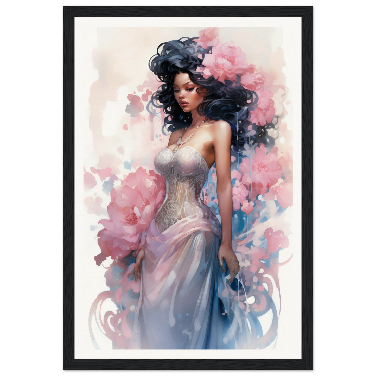 A framed print of a woman in a dress with flowers