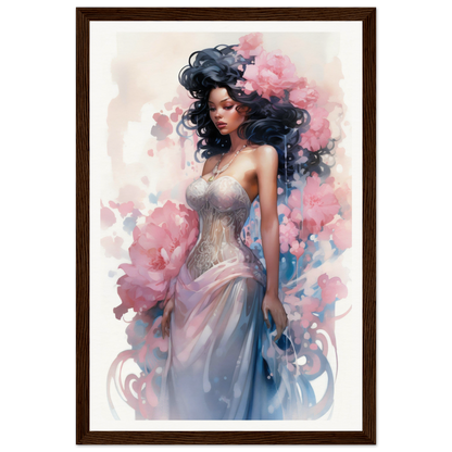 A framed print of a woman in a dress with flowers