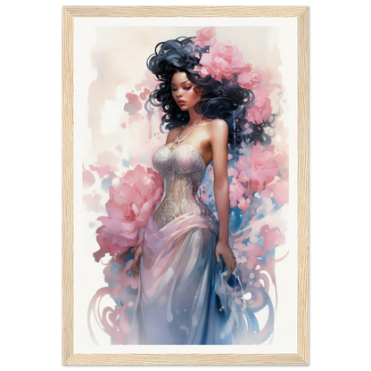 A framed print of a woman in a dress with flowers