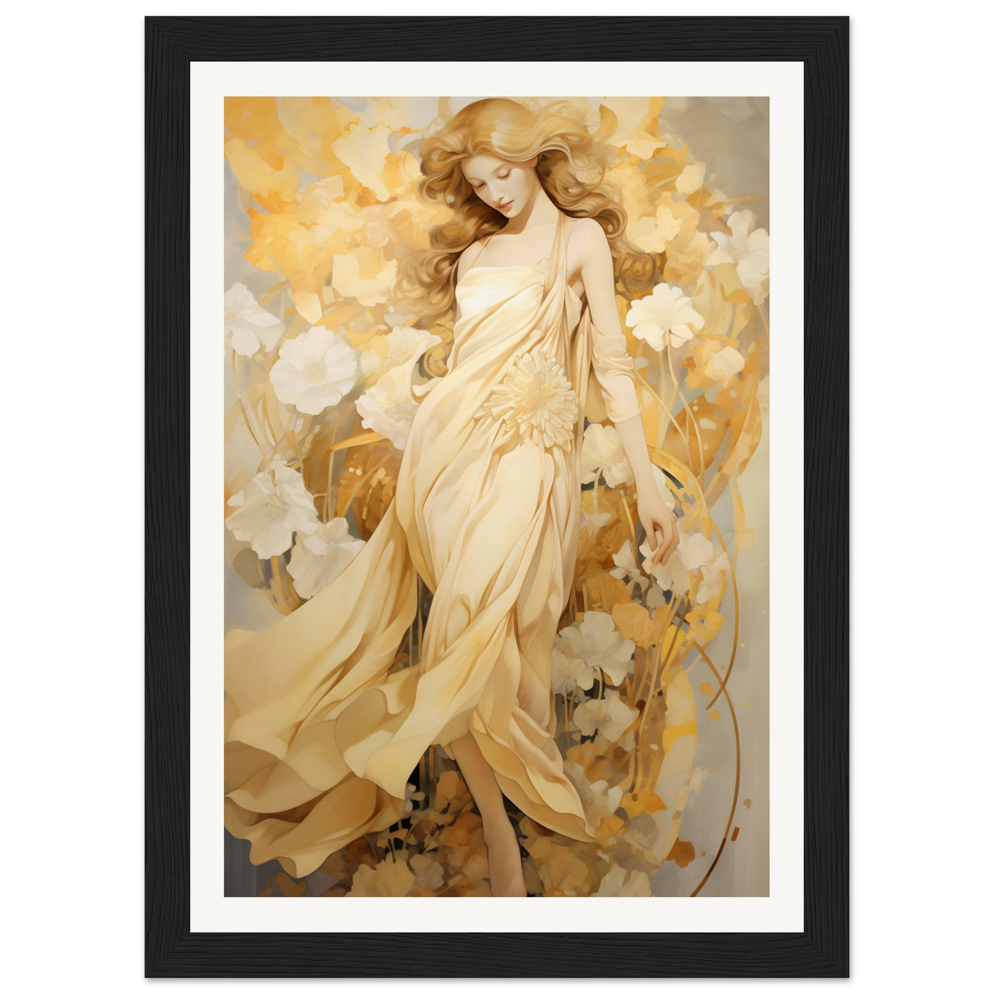 A framed print of a woman in a dress with flowers