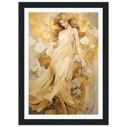 A framed print of a woman in a dress with flowers