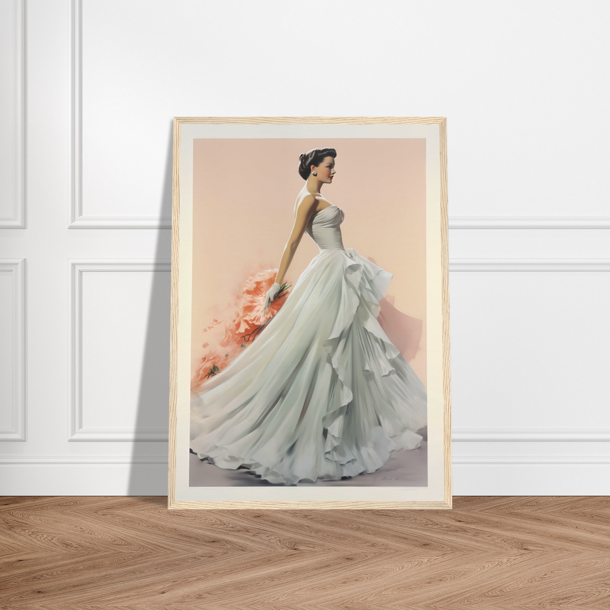 A framed print of a woman in a wedding dress