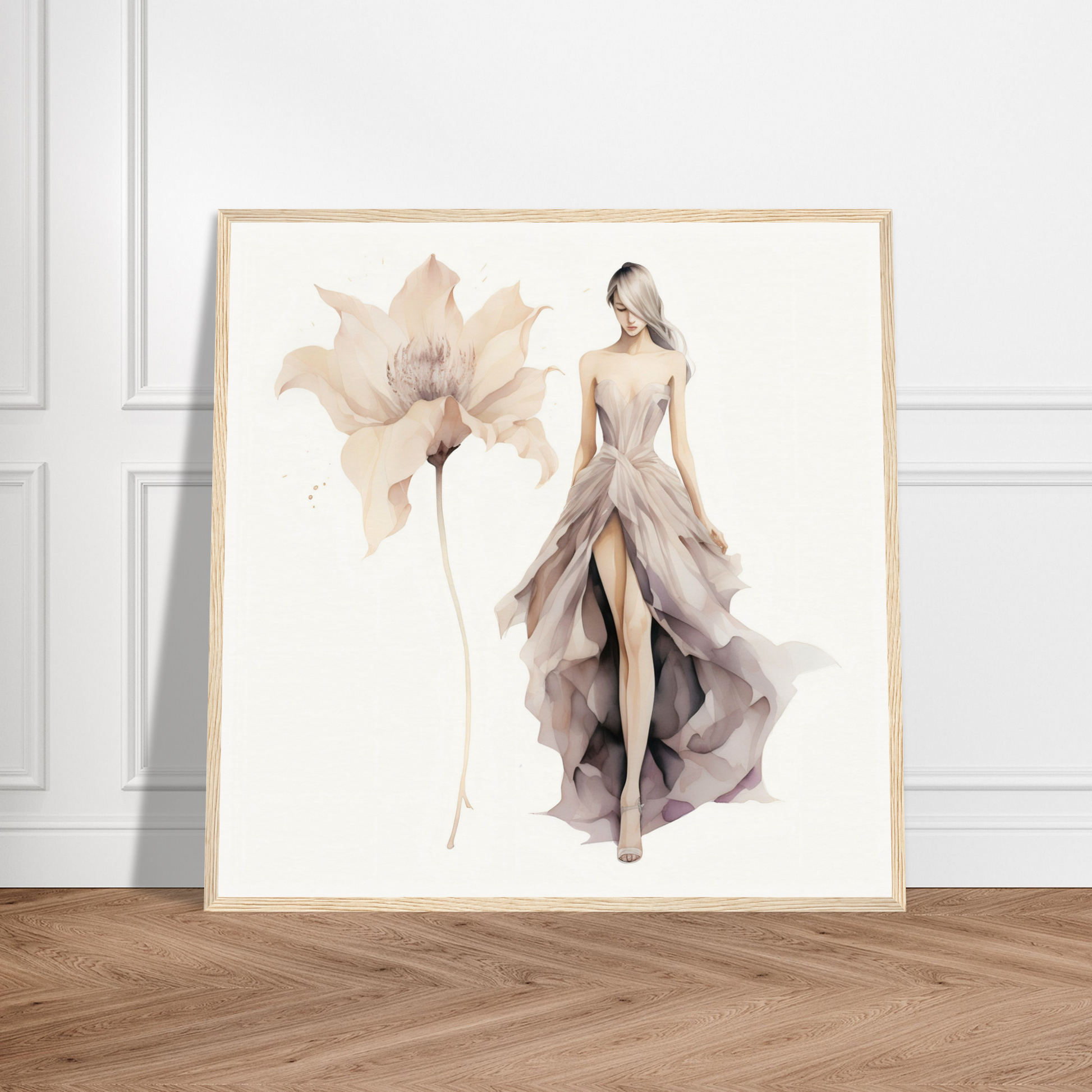 A framed print of a woman in a dress with a flower