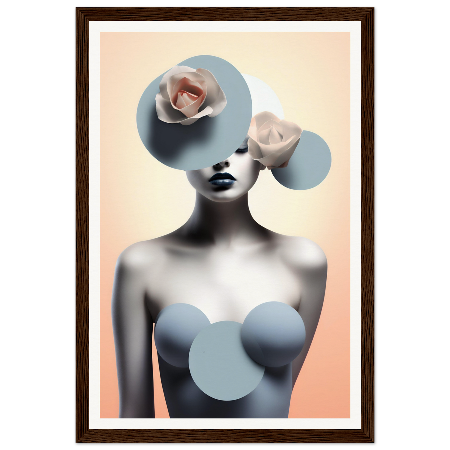 A framed print of a woman with a flower on her head