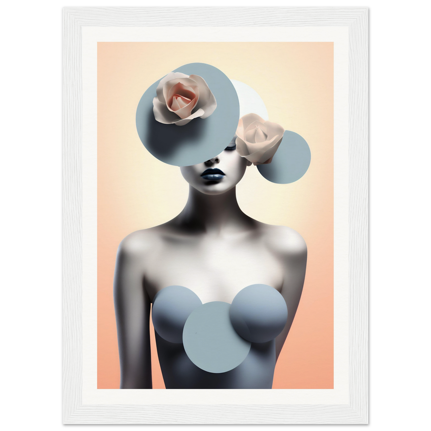 A framed print of a woman with a flower in her hair