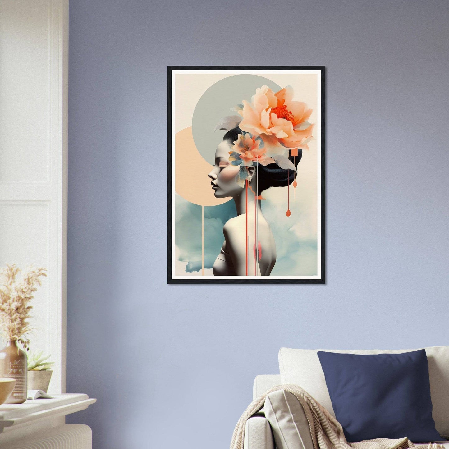 A framed print of a woman with a flower in her hair