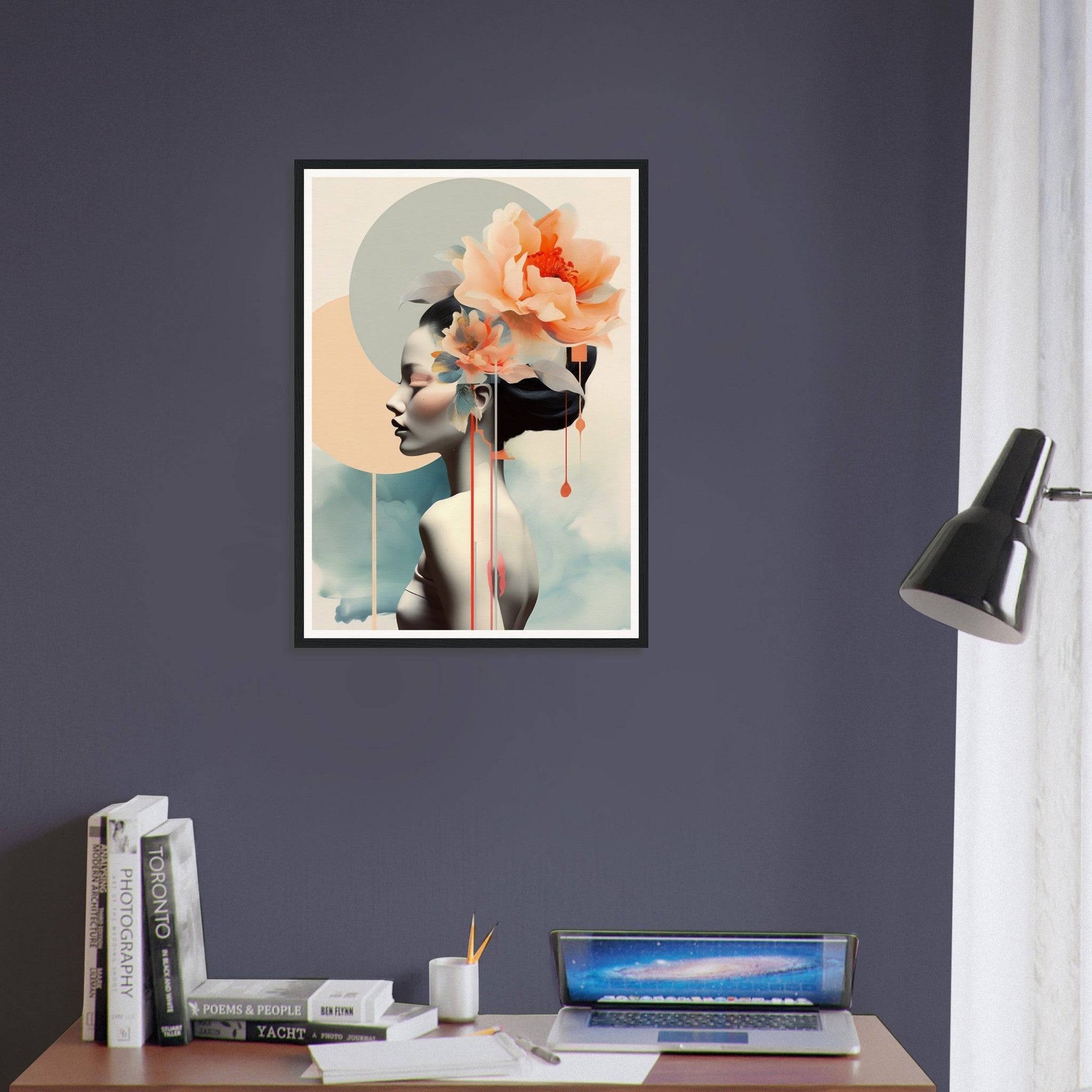 A framed print of a woman with a flower in her hair