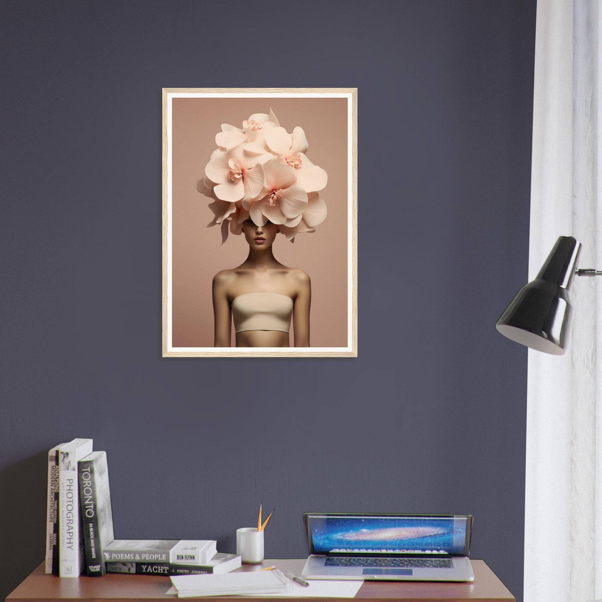 A framed print of a woman with a flower on her head