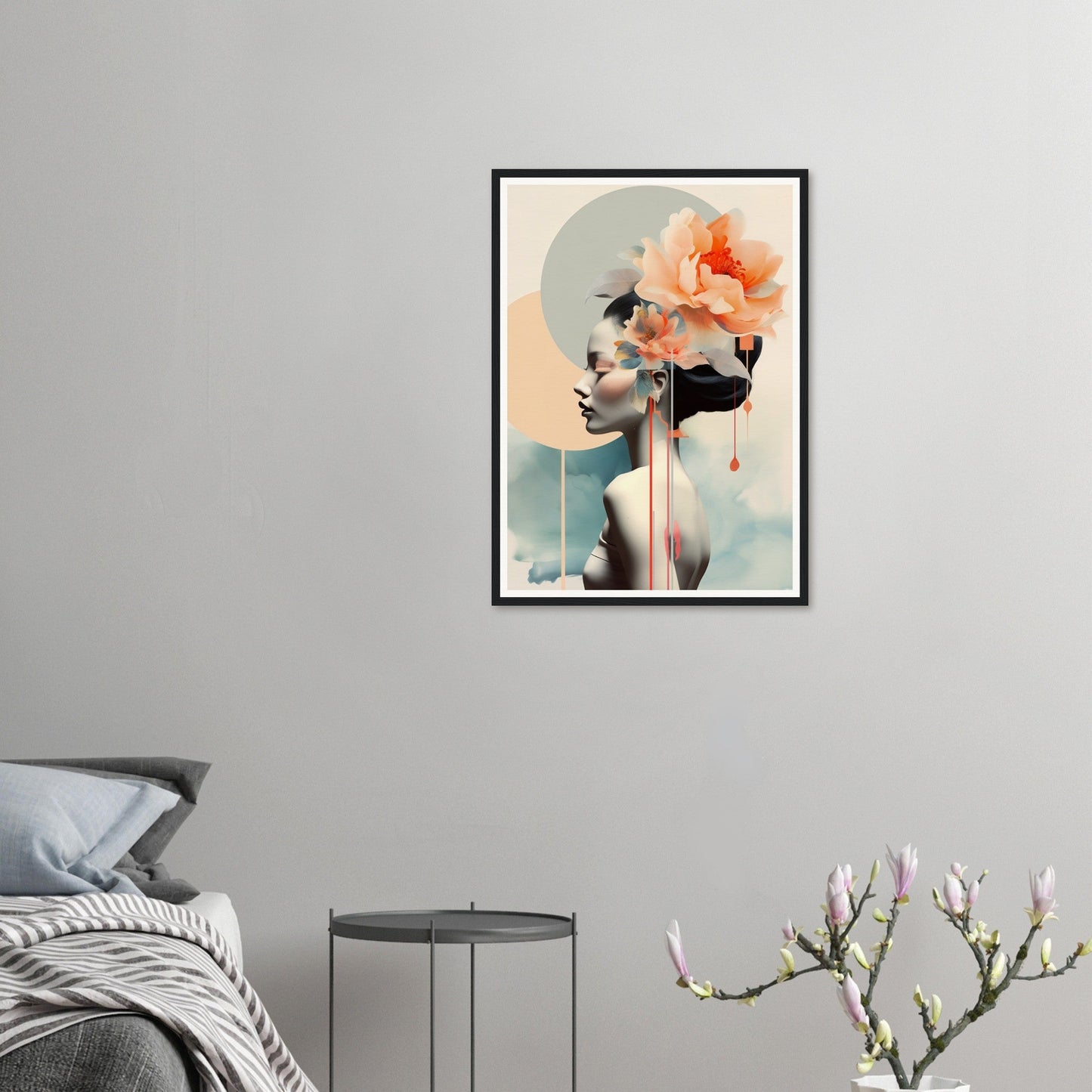 A framed print of a woman with a flower in her hair