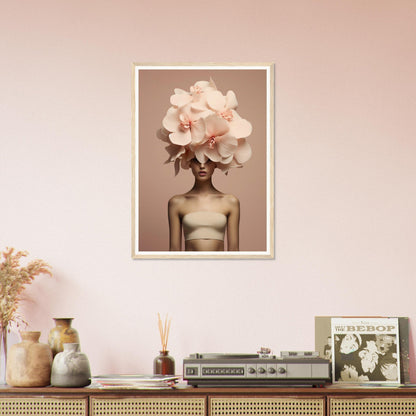 A framed print of a woman with a flower in her hair