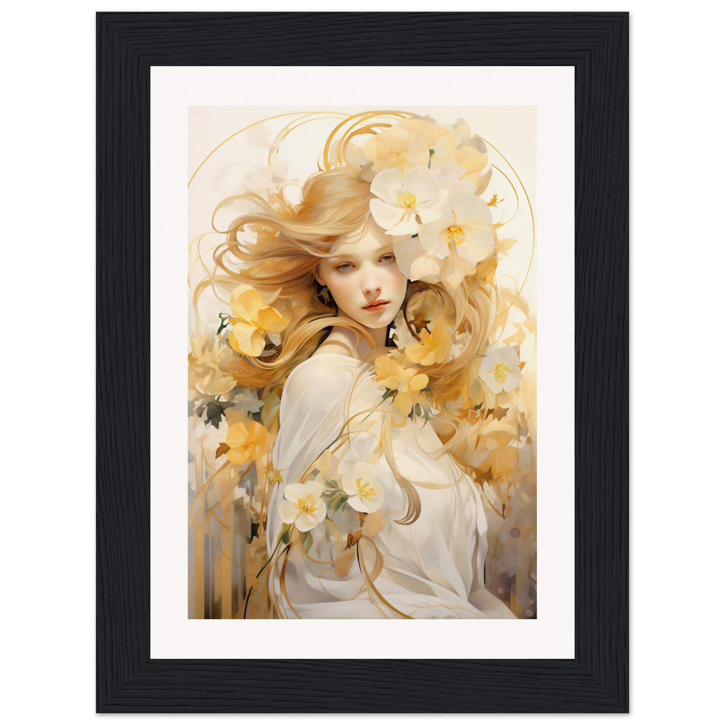 A framed print of a woman with flowers