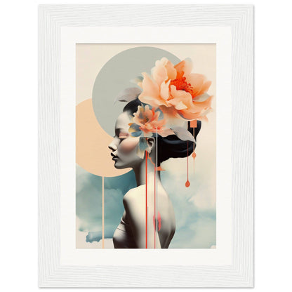 A framed print of a woman with flowers in her hair