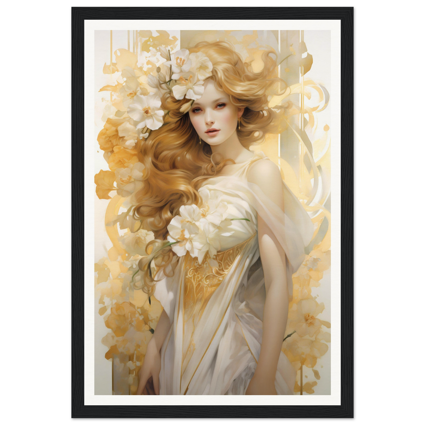 A framed print of a woman with flowers in her hair