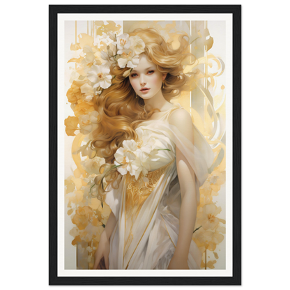 A framed print of a woman with flowers in her hair