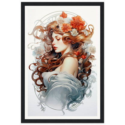 A framed print of a woman with flowers in her hair