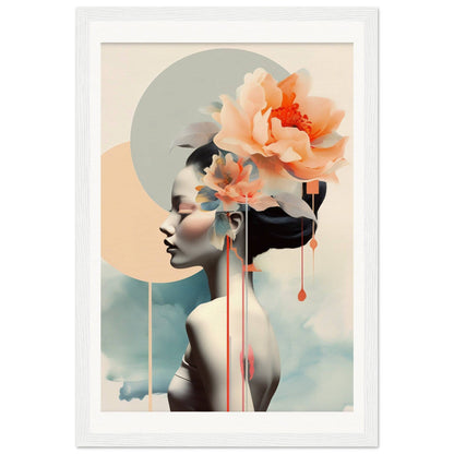 A framed print of a woman with flowers in her hair