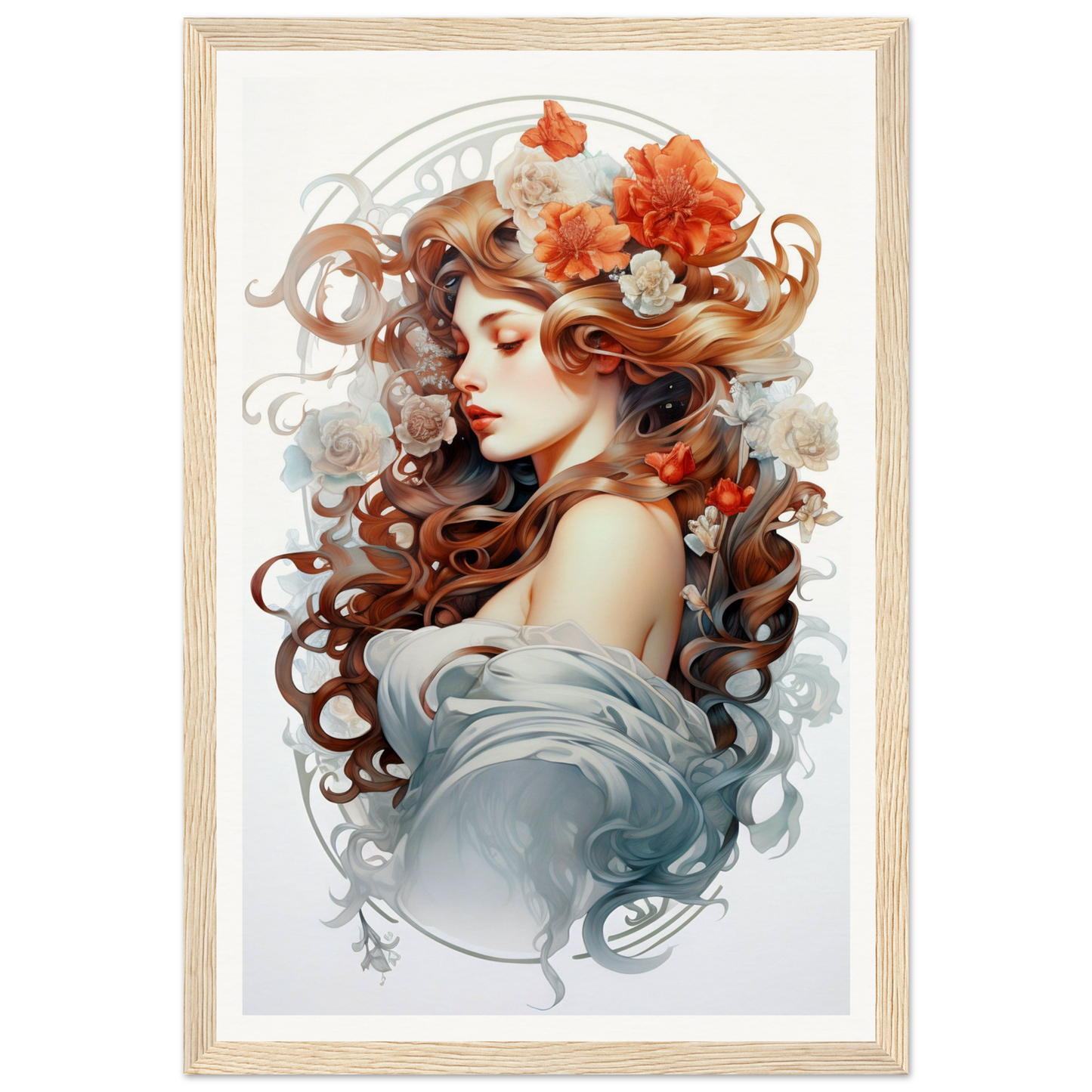 A framed print of a woman with flowers in her hair