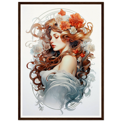 A framed print of a woman with flowers in her hair