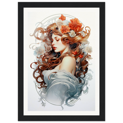 A framed print of a woman with flowers in her hair