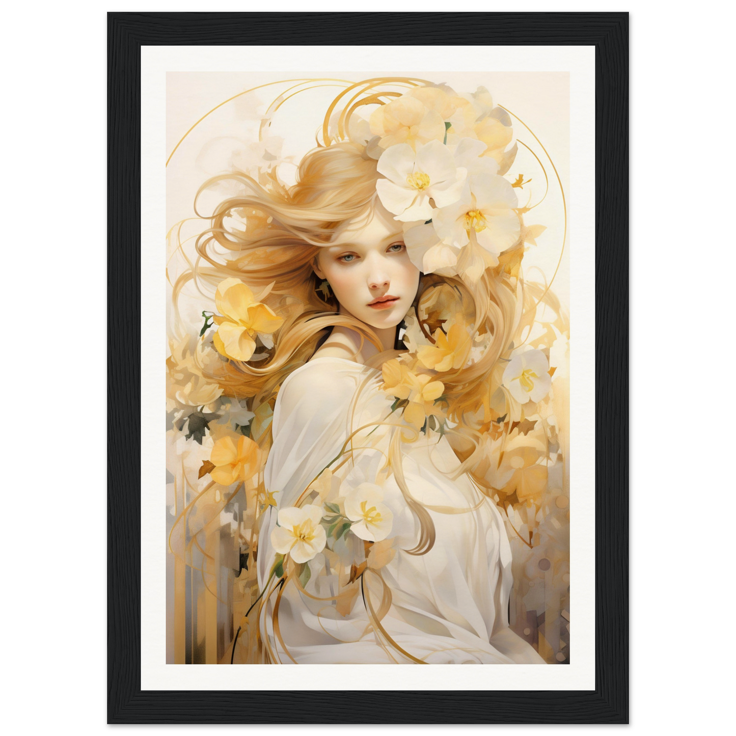 A framed print of a woman with flowers