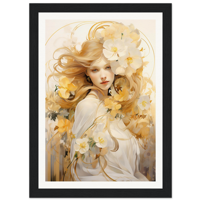 A framed print of a woman with flowers