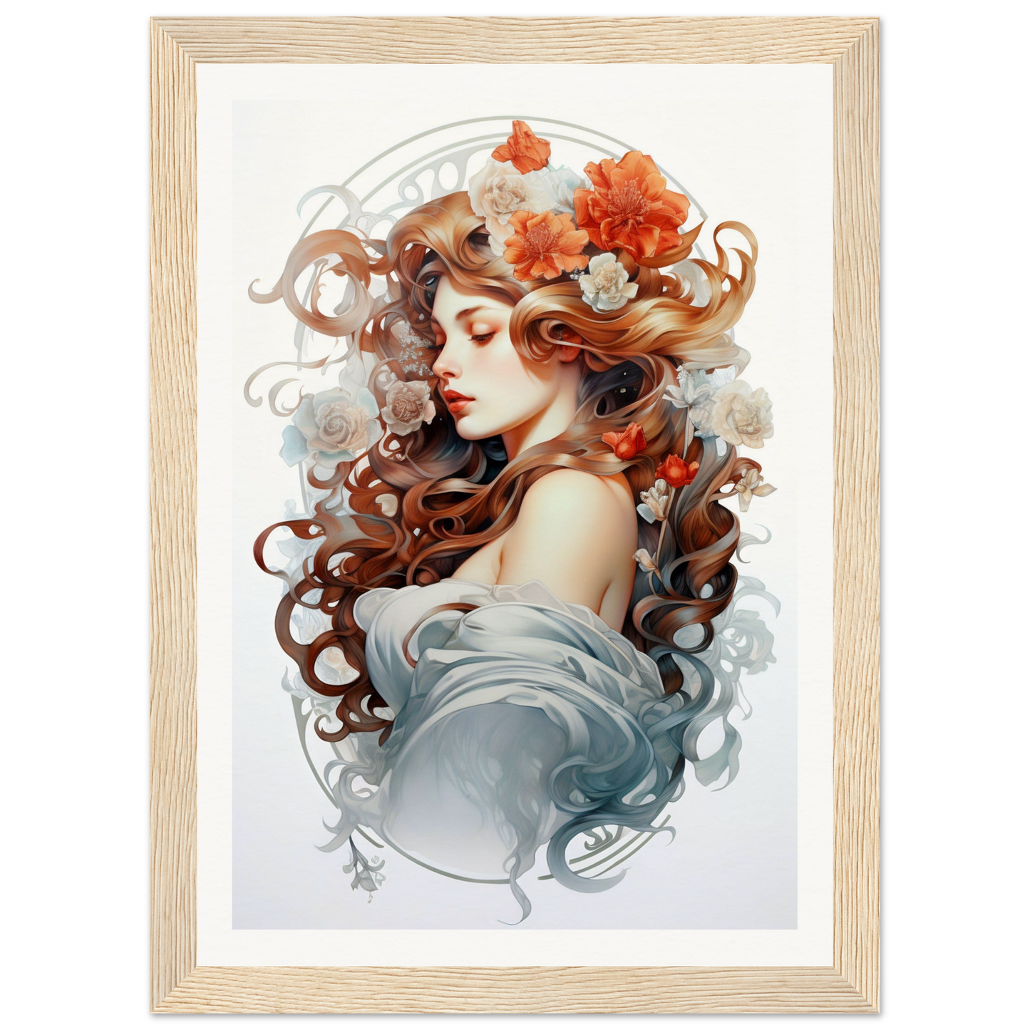 A framed print of a woman with flowers in her hair