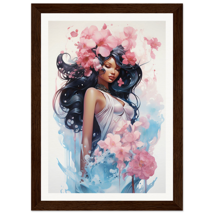 A framed print of a woman with flowers in her hair