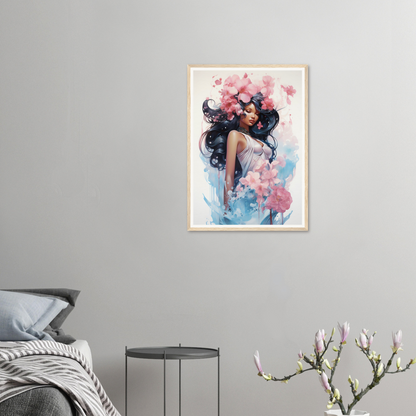 A framed print of a woman with flowers in her hair