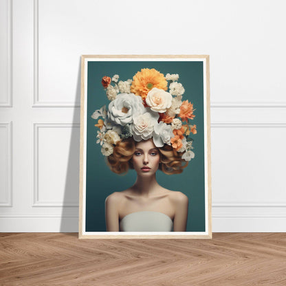 A framed print of a woman with flowers in her hair