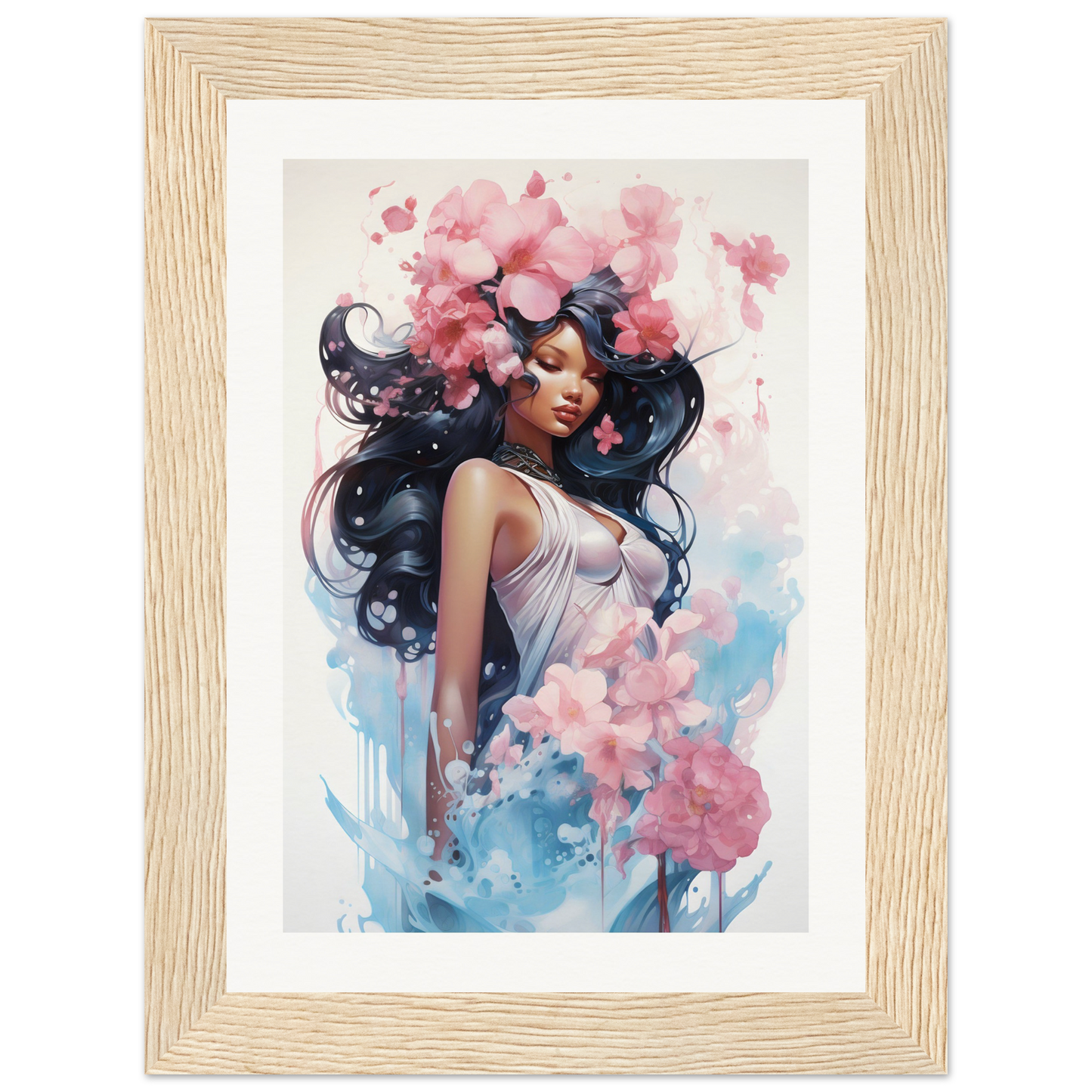 A framed print of a woman with flowers in her hair