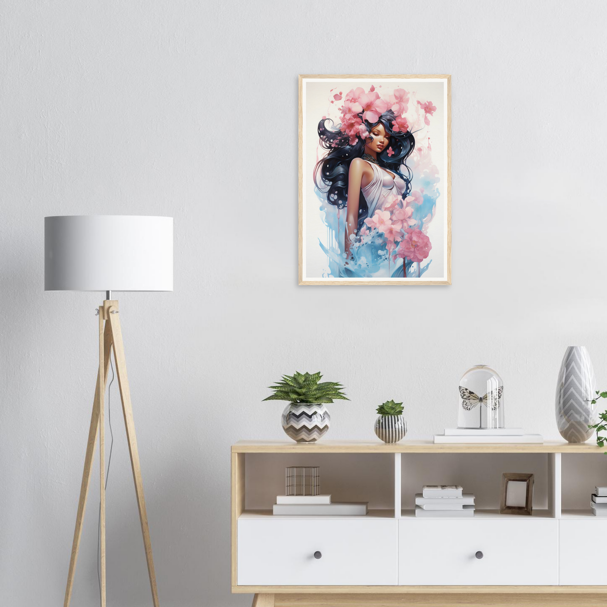 A framed print of a woman with flowers in her hair