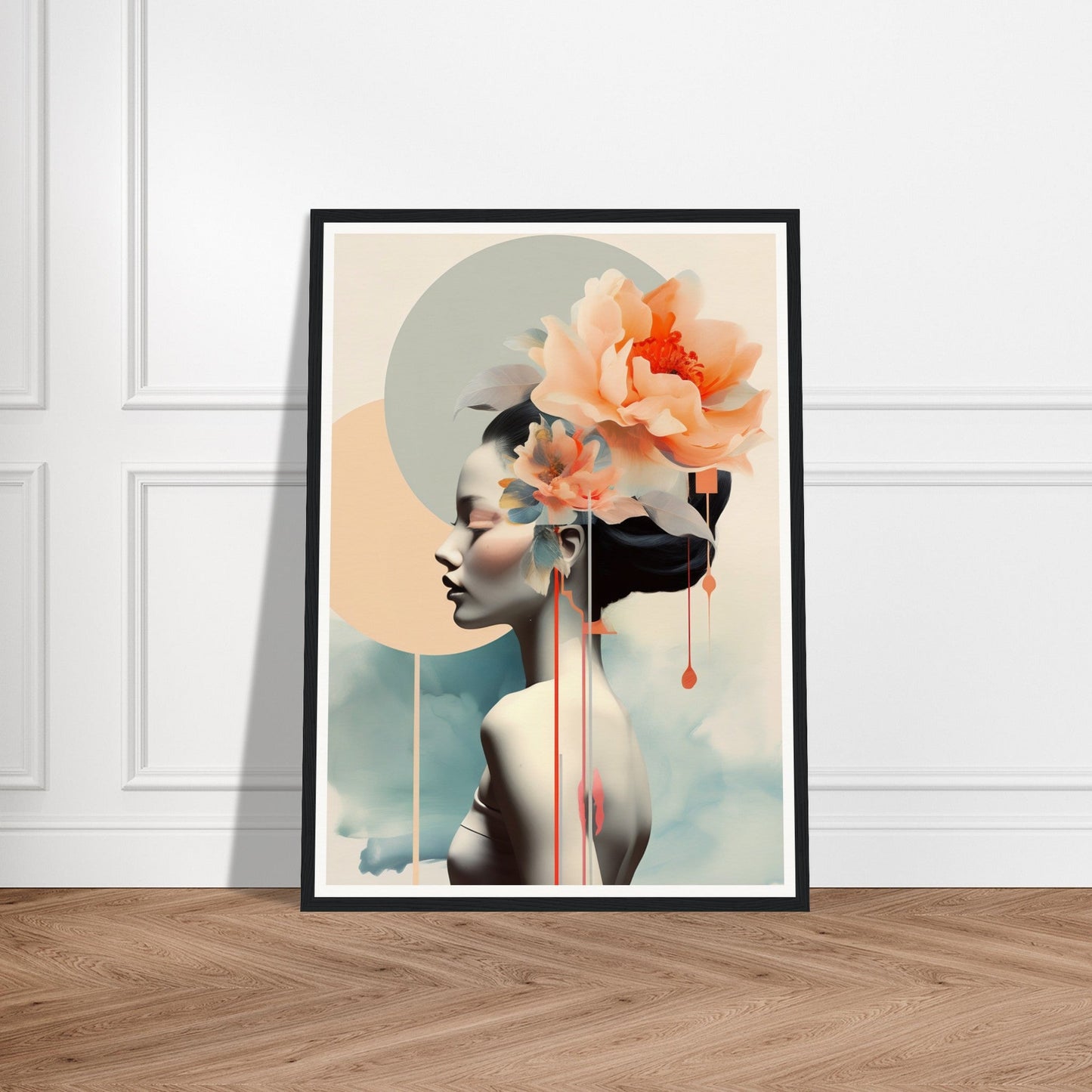 A framed print of a woman with flowers in her hair