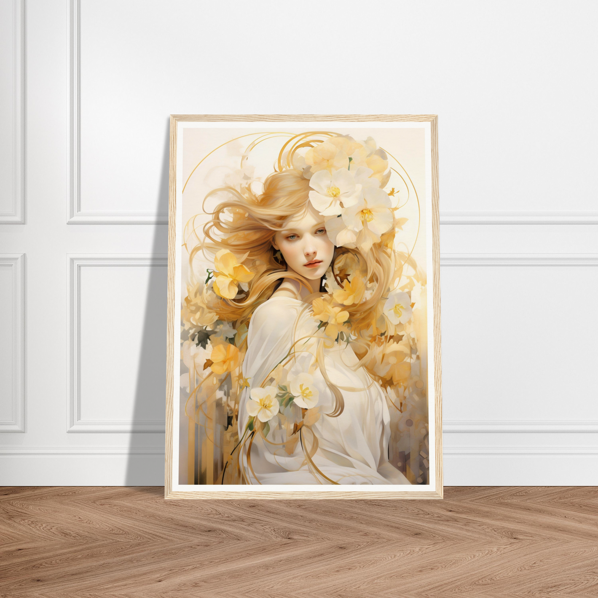 A framed print of a woman with flowers