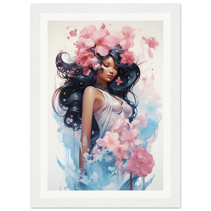 A framed print of a woman with flowers in her hair