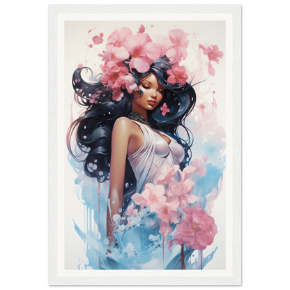 A framed print of a woman with flowers in her hair