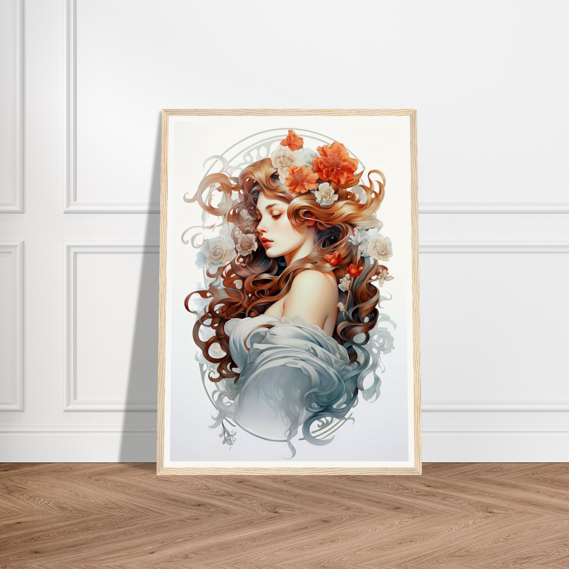 A framed print of a woman with flowers in her hair